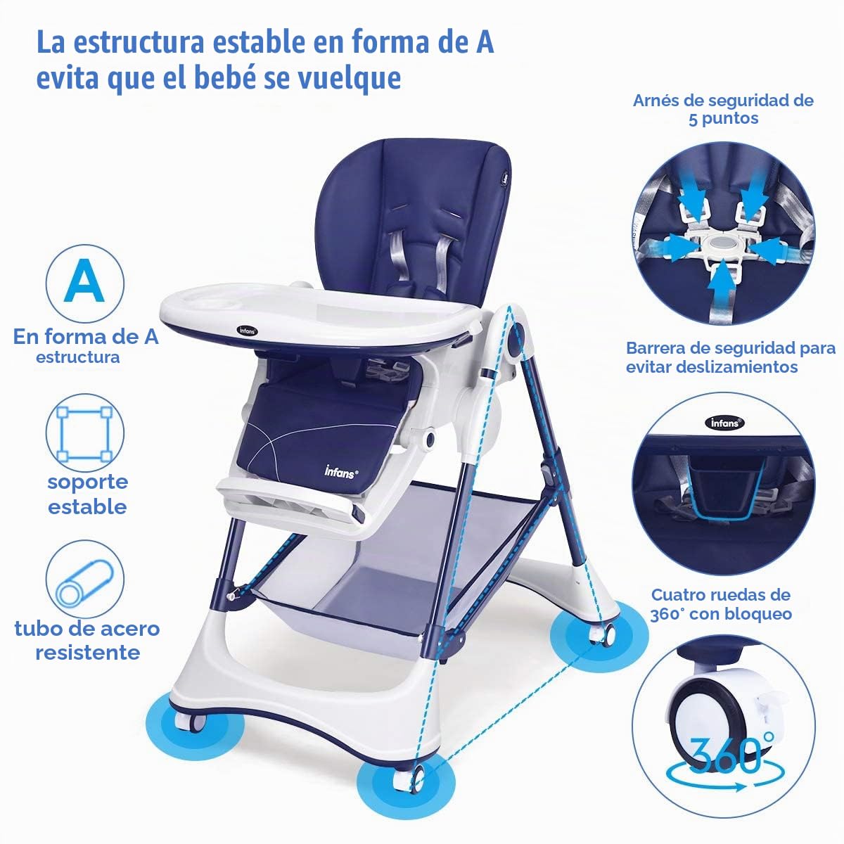 INFANS Silla alta con bandeja extraíble con una sola mano, 4 ruedas...