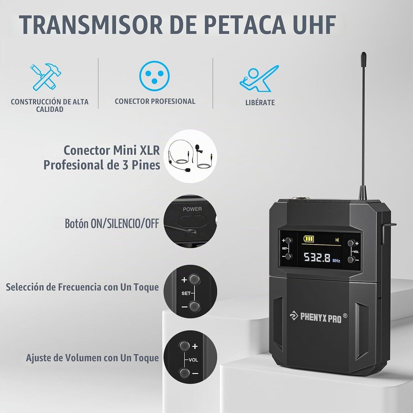 Phenyx Pro Sistema de micrófono inalámbrico UHF con frecuencias sin...