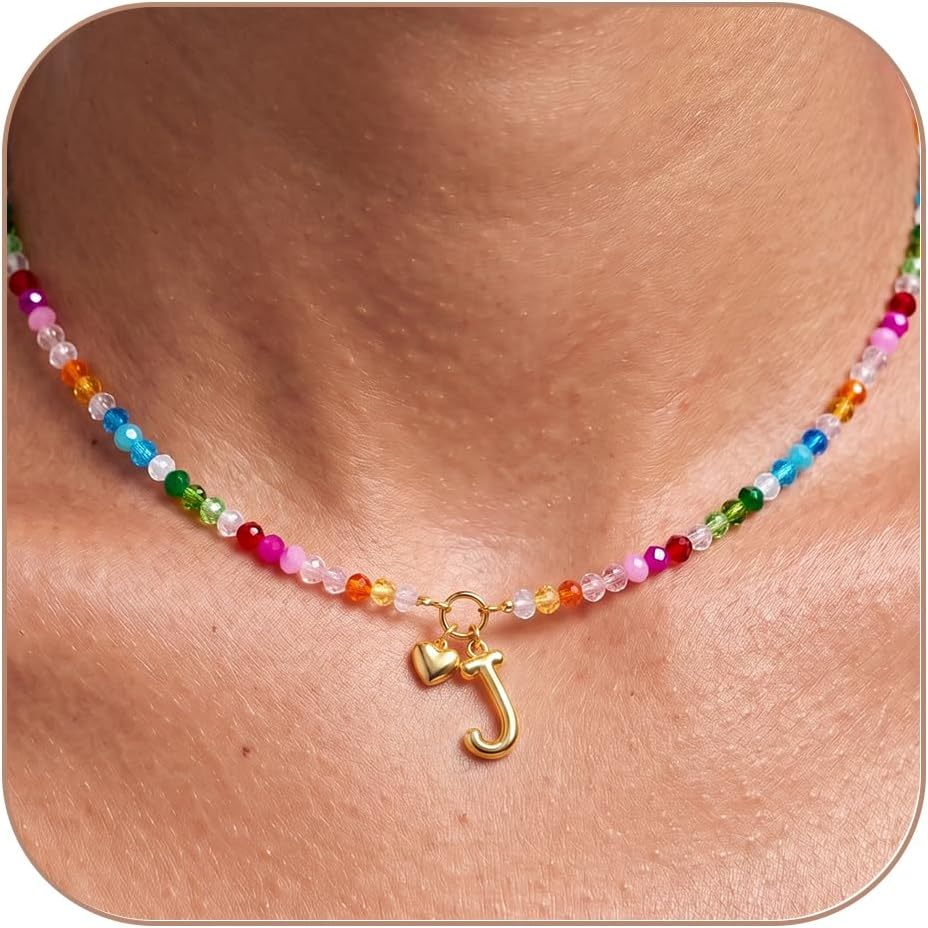 LOVEZORA Collar con inicial para mujer, collares de cuentas de colo...