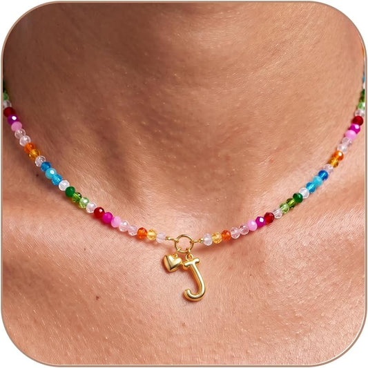 LOVEZORA Collar con inicial para mujer, collares de cuentas de colo...