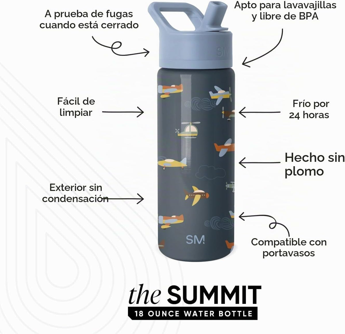 Simple Modern Kids Summit - Botella de agua con tapa con pajilla, v...