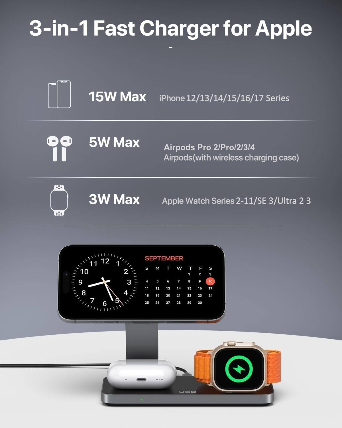 UEQ Estación de carga inalámbrica plegable 3 en 1 para Apple compat...