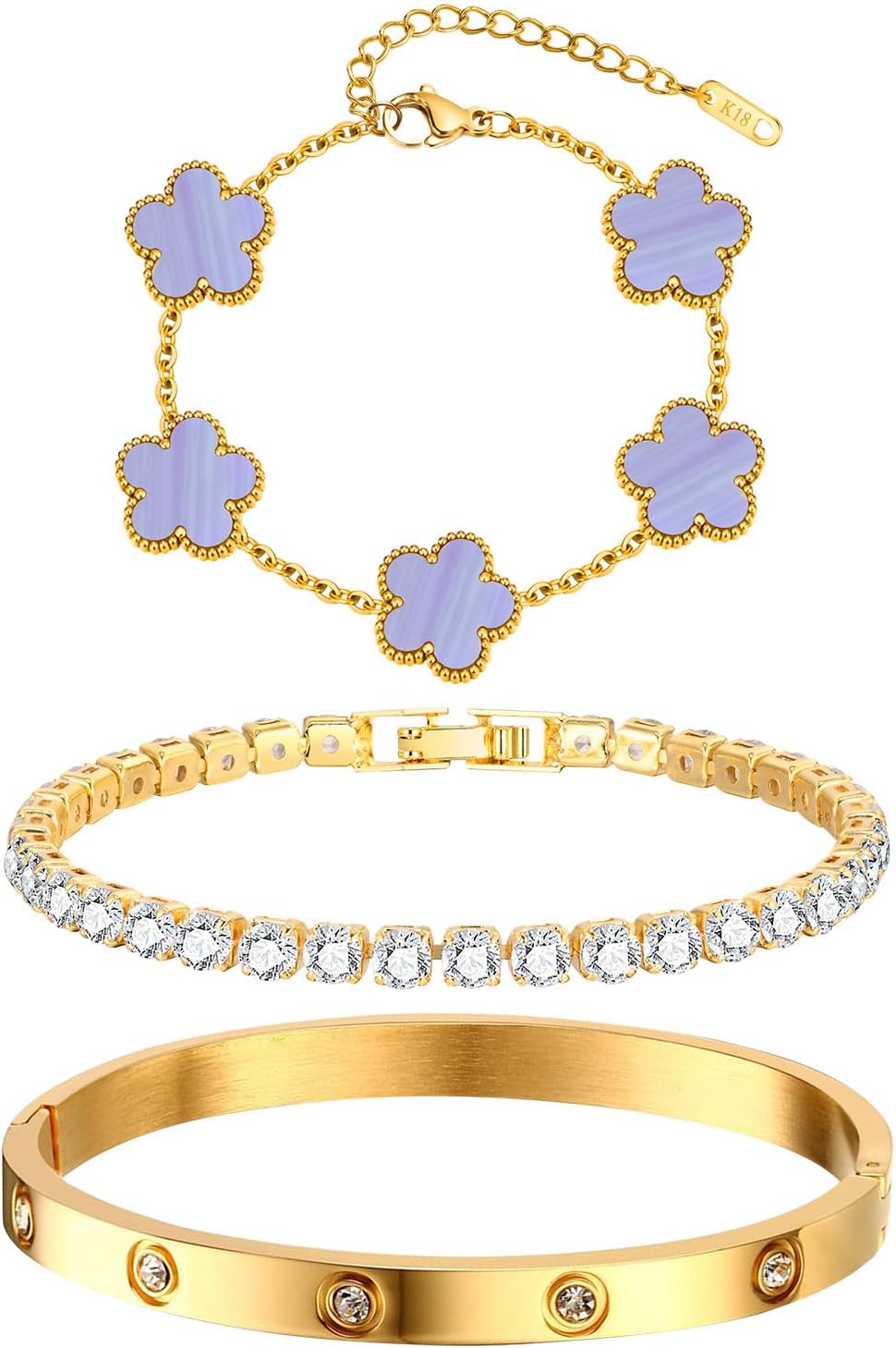 Pulseras florales apilables para mujer en oro - Juego de 3 pulseras...