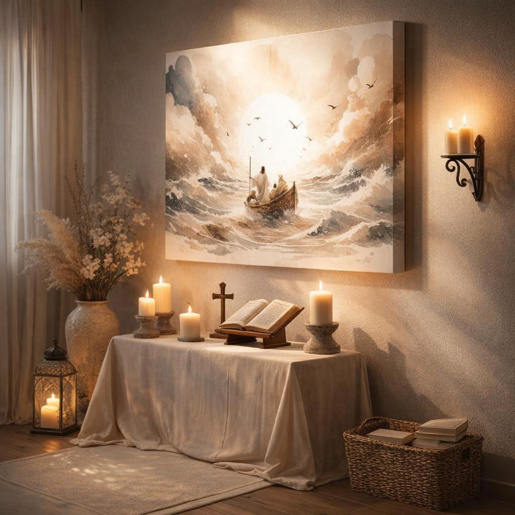 Arte de pared en lienzo Jesús apacigua la tormenta Acuarela Jesús e...