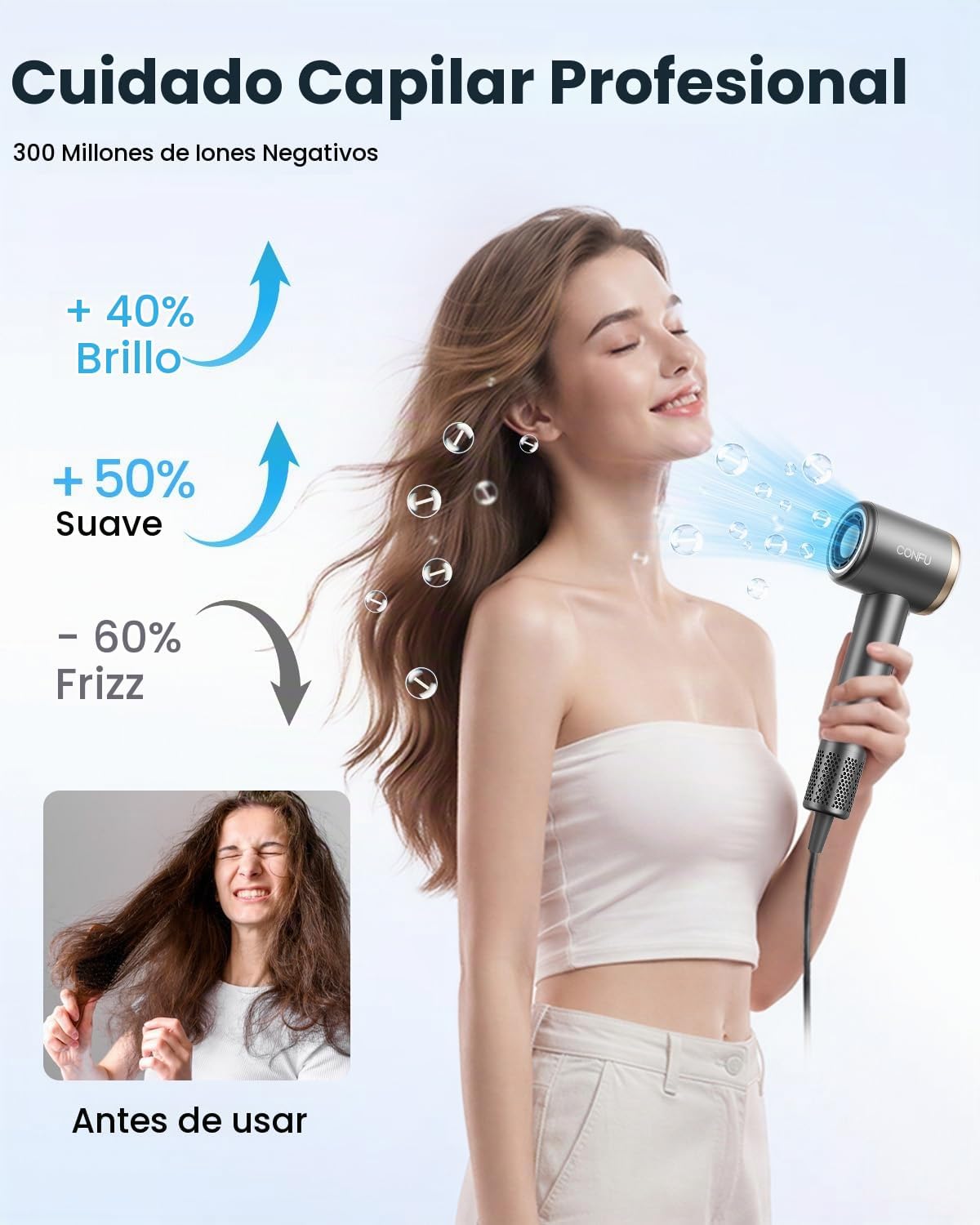 Secador de pelo, secador de pelo iónico CONFU con difusor para cabe...