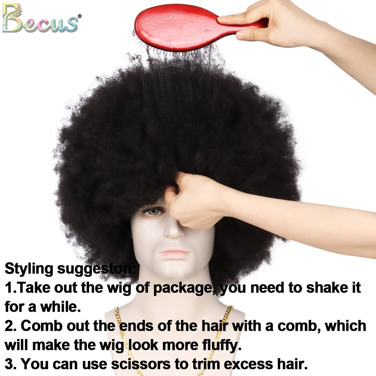 BECUS - Peluca afro para hombre, esponjosa, grande, rizada, color n...