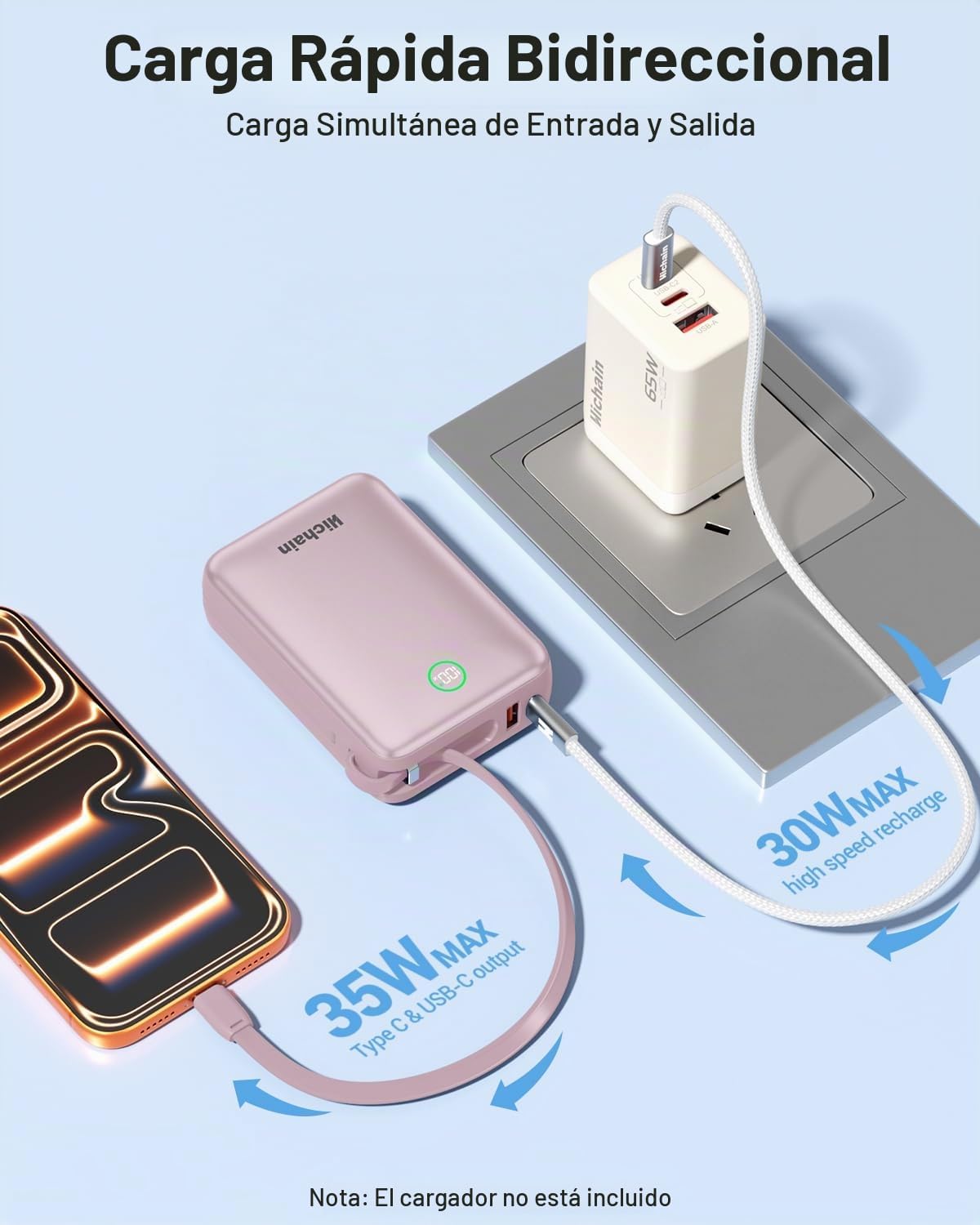Hichain Cargador portátil 35W 20000mAh Banco de energía con doble e...