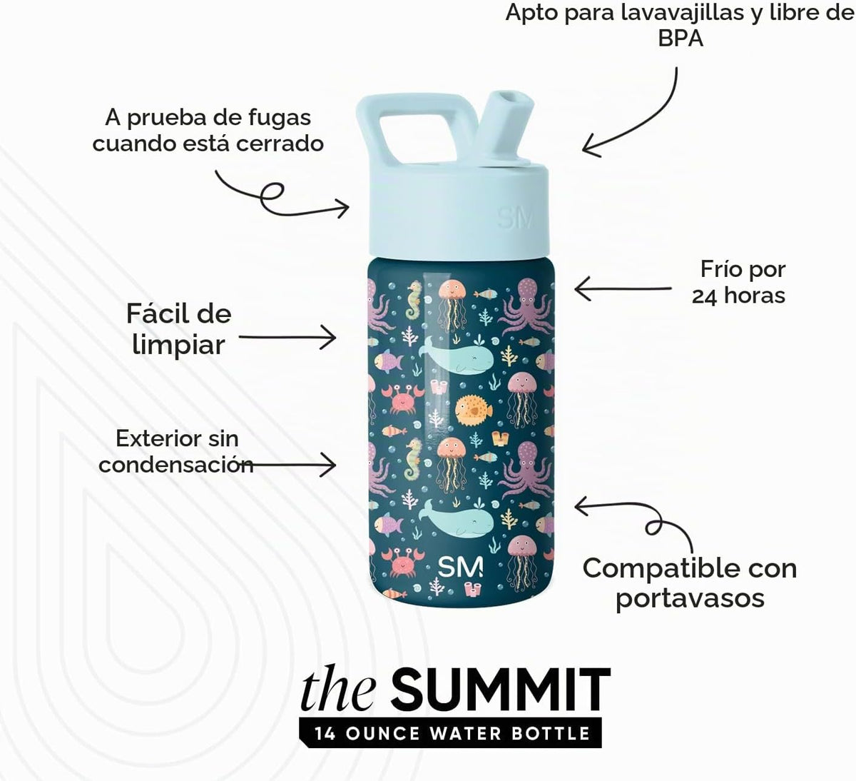 Simple Modern Kids Summit - Botella de agua con tapa con pajilla, v...