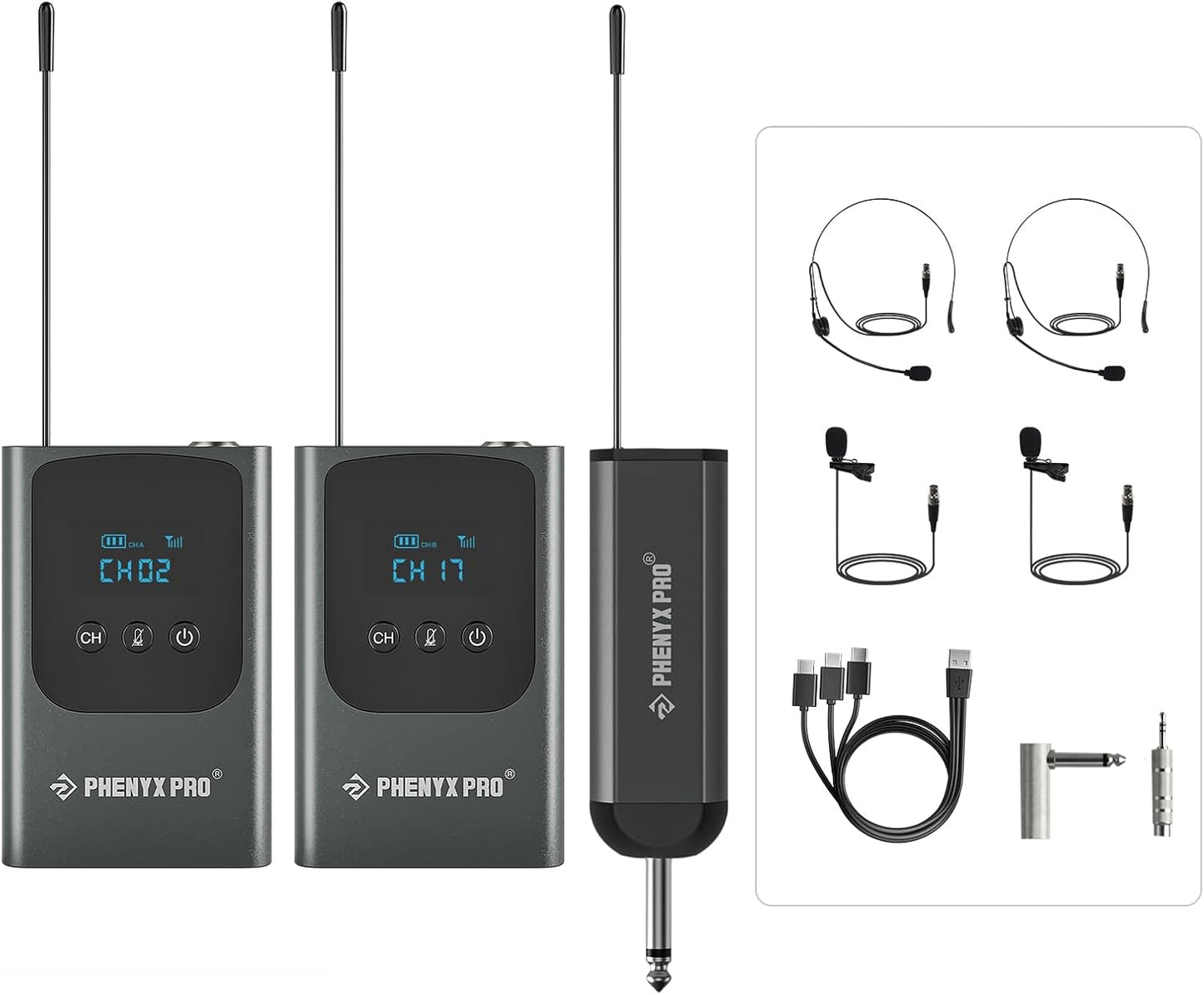 Phenyx Pro Sistema de micrófono inalámbrico digital dual, mini rece...