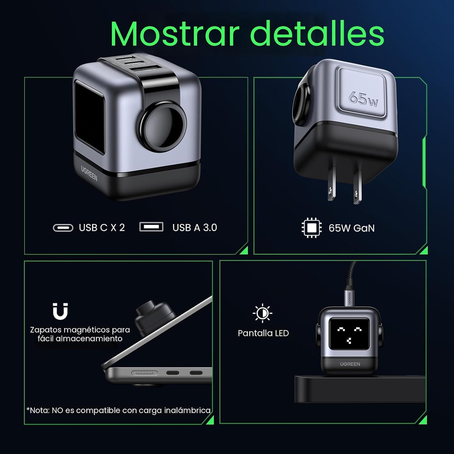 UGREEN Uno - Adaptador de cargador USB C de 65 W, 3 puertos, bloque...