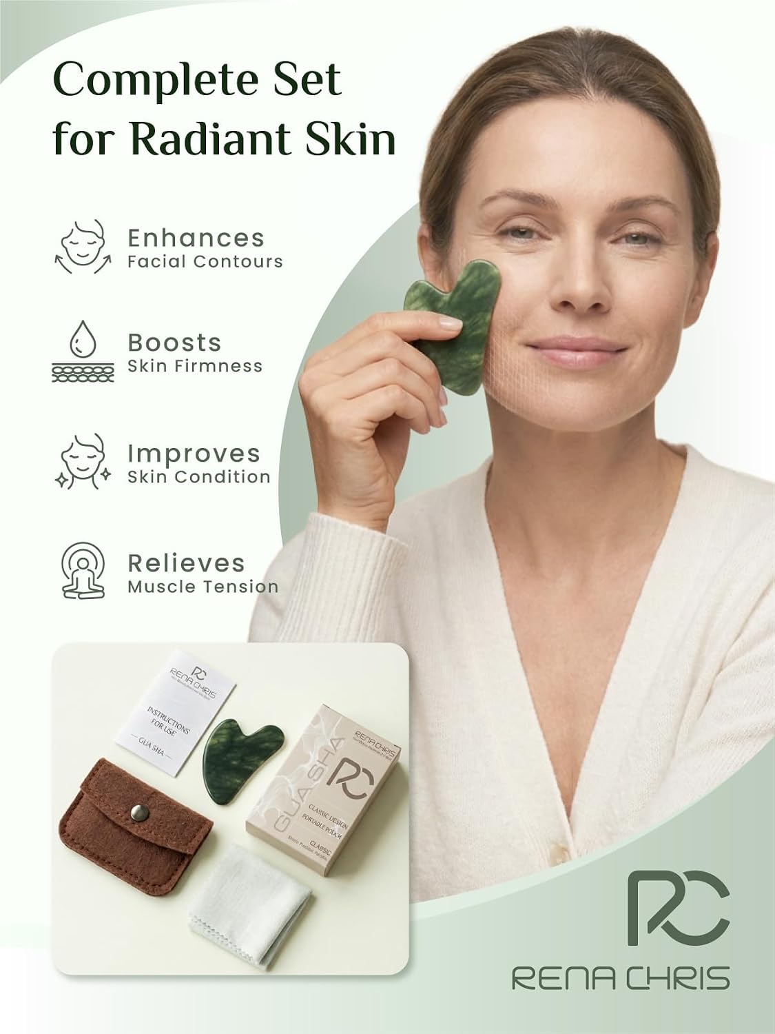 Rena Chris Gua Sha Herramientas Faciales, Herramienta Guasha Jade p...