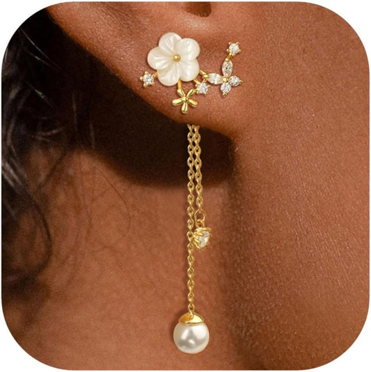 Aretes colgantes de perlas para mujer, cadena larga de enhebrador,...