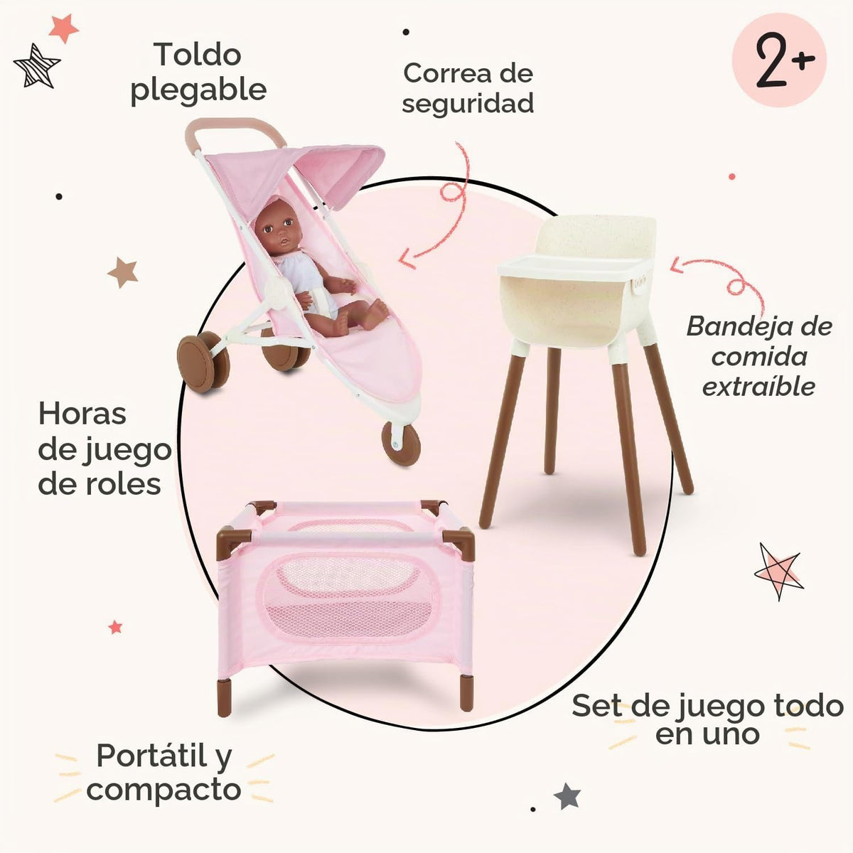 LullaBaby Juego de guardería de muñecas con cochecito, corralito y...