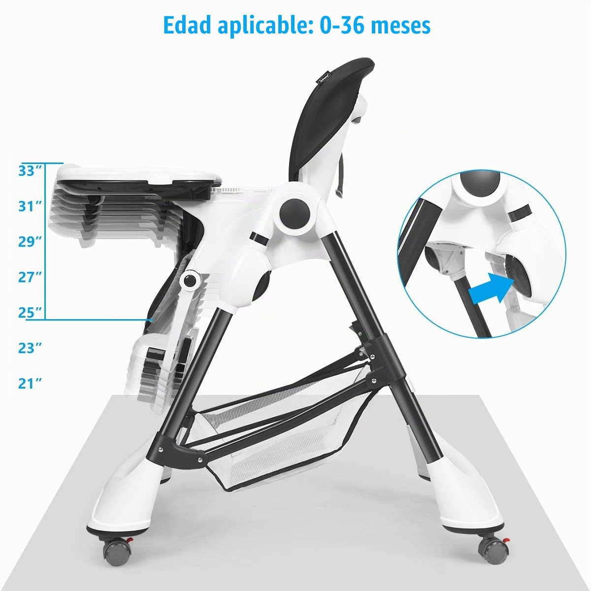 INFANS Silla alta con bandeja extraíble con una sola mano, 4 ruedas...