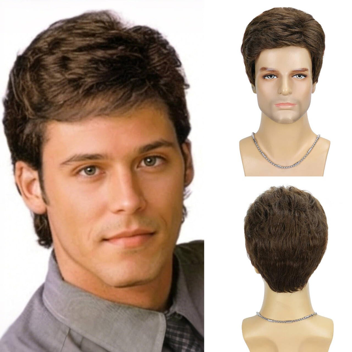 DDHAIR Peluca corta marrón para hombre, peluca esponjosa en capas n...