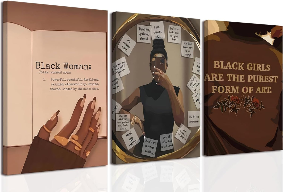 Juego de Arte de Pared de Chica Negra de 3 Lienzos Afroamericanos D...