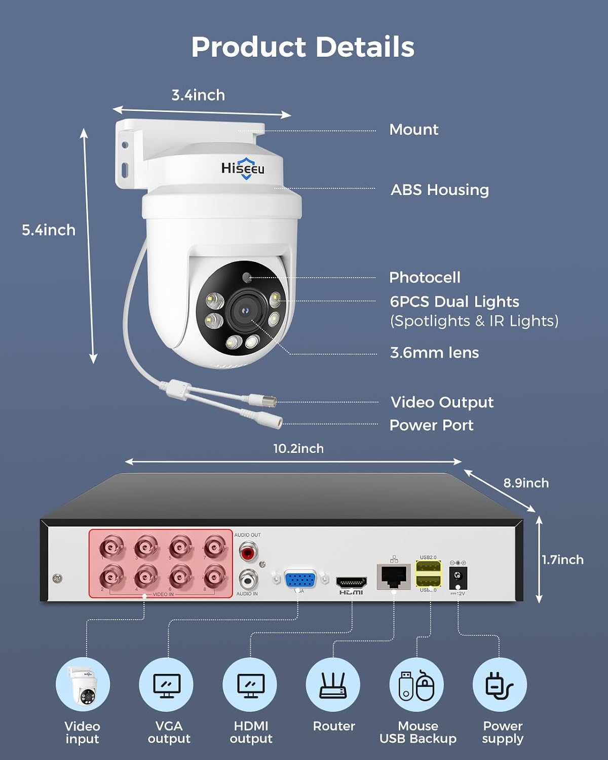Hiseeu - Sistema de cámara de seguridad con cable PTZ de 3K con vis...