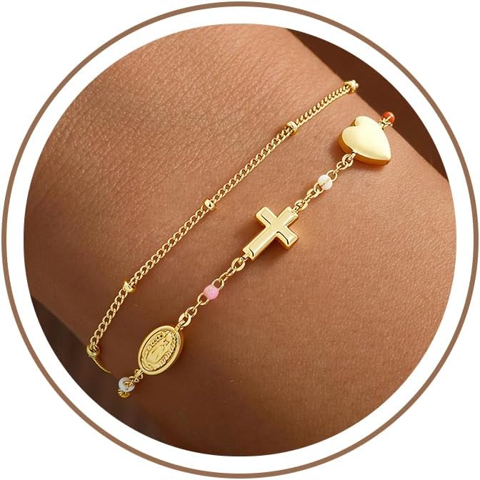 Turandoss Pulsera de cruz para mujer, chapada en oro de 14 quilates...