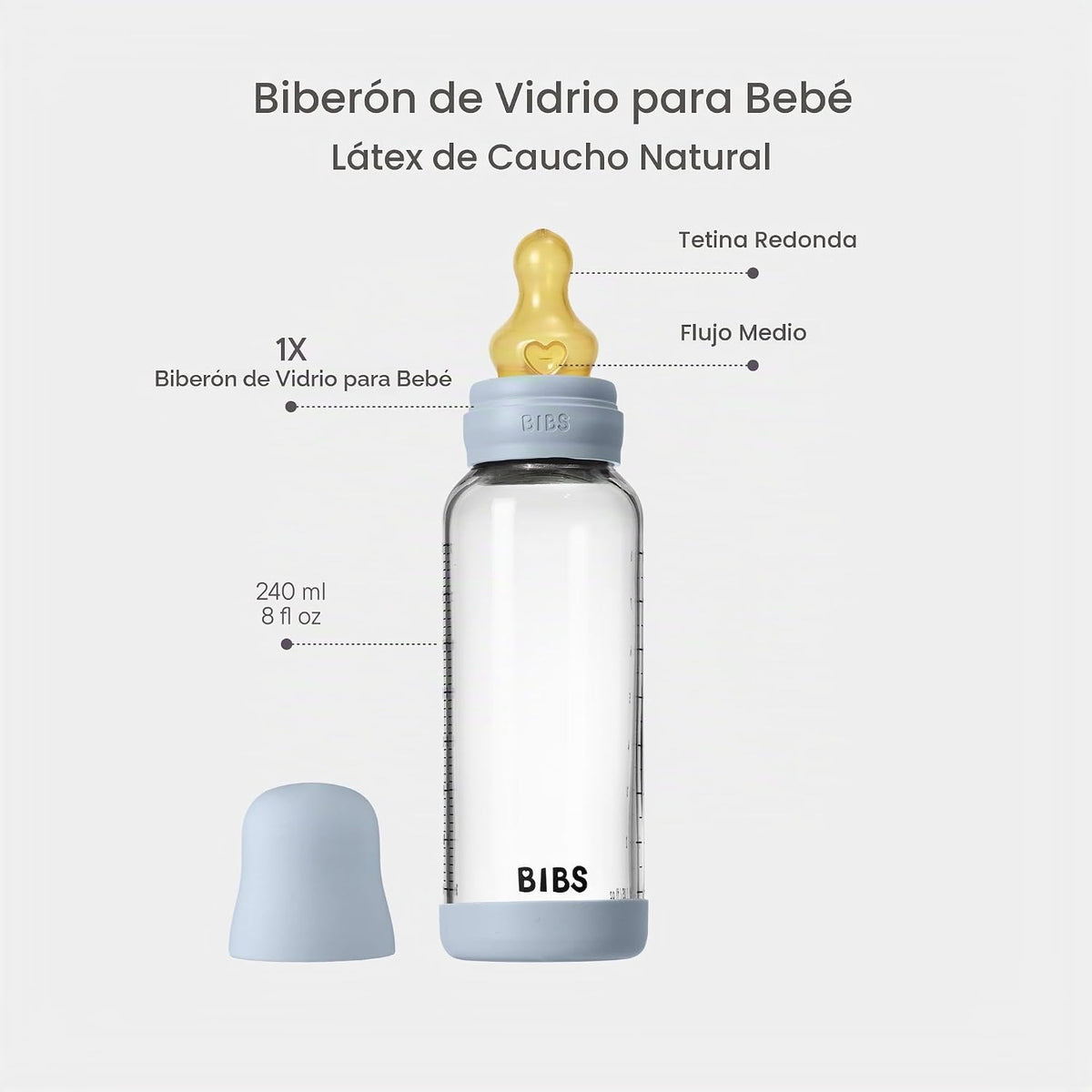 BIBS Biberón de cristal, 8.12 onzas, paquete de 1, pezón de goma na...