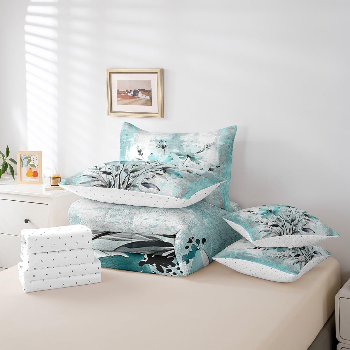 Erosebridal Ropa de cama Queen con Flores de Acuarela 7 Piezas para...