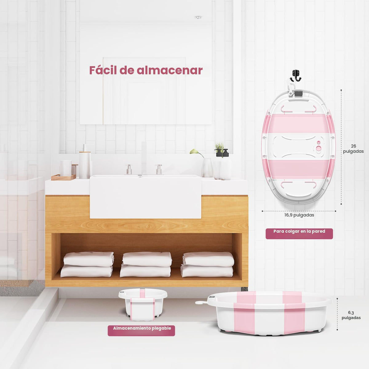 Bañera plegable para bebé con cojín suave y termómetro, para recién...