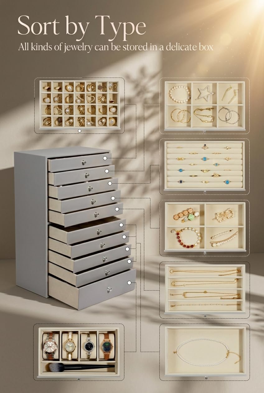 GUKA Caja Grande de Joyería, Estuche de Joyas con 10 Cajones para J...
