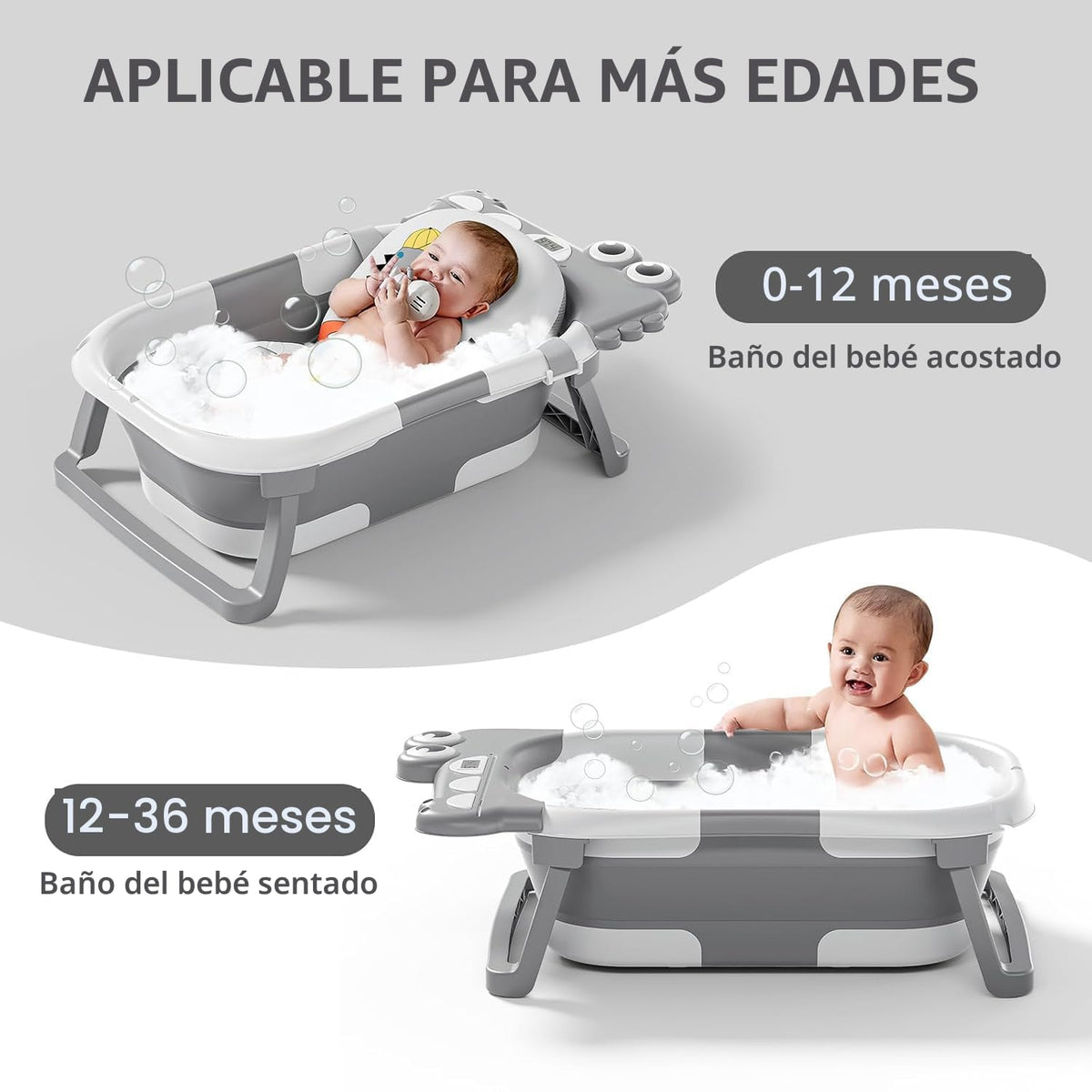 TPN - Bañera plegable para bebés con cojín suave y termómetro en ti...