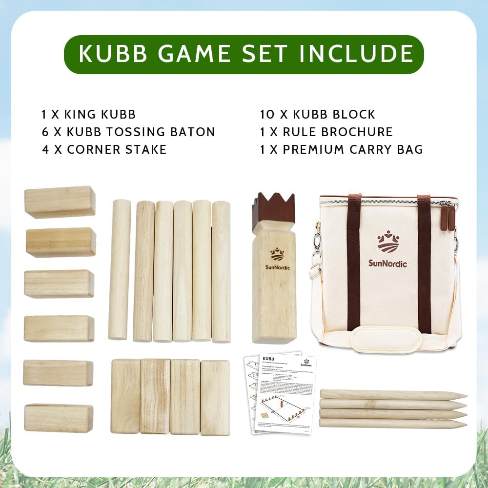 SunNordic Juego de jardín Kubb de madera de caucho con bolsa de tra...