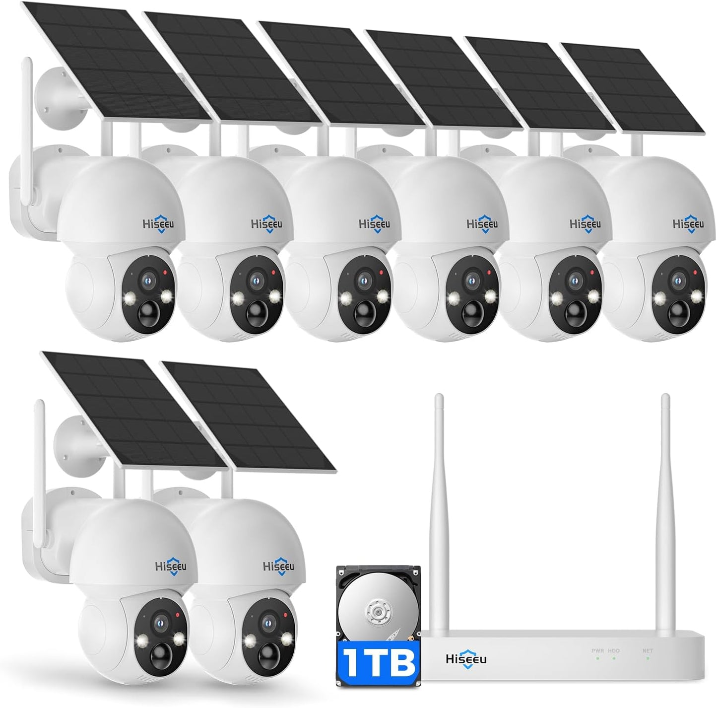 Hiseeu Cámara de seguridad solar, kit de 8 cámaras de 4 MP, disco d...