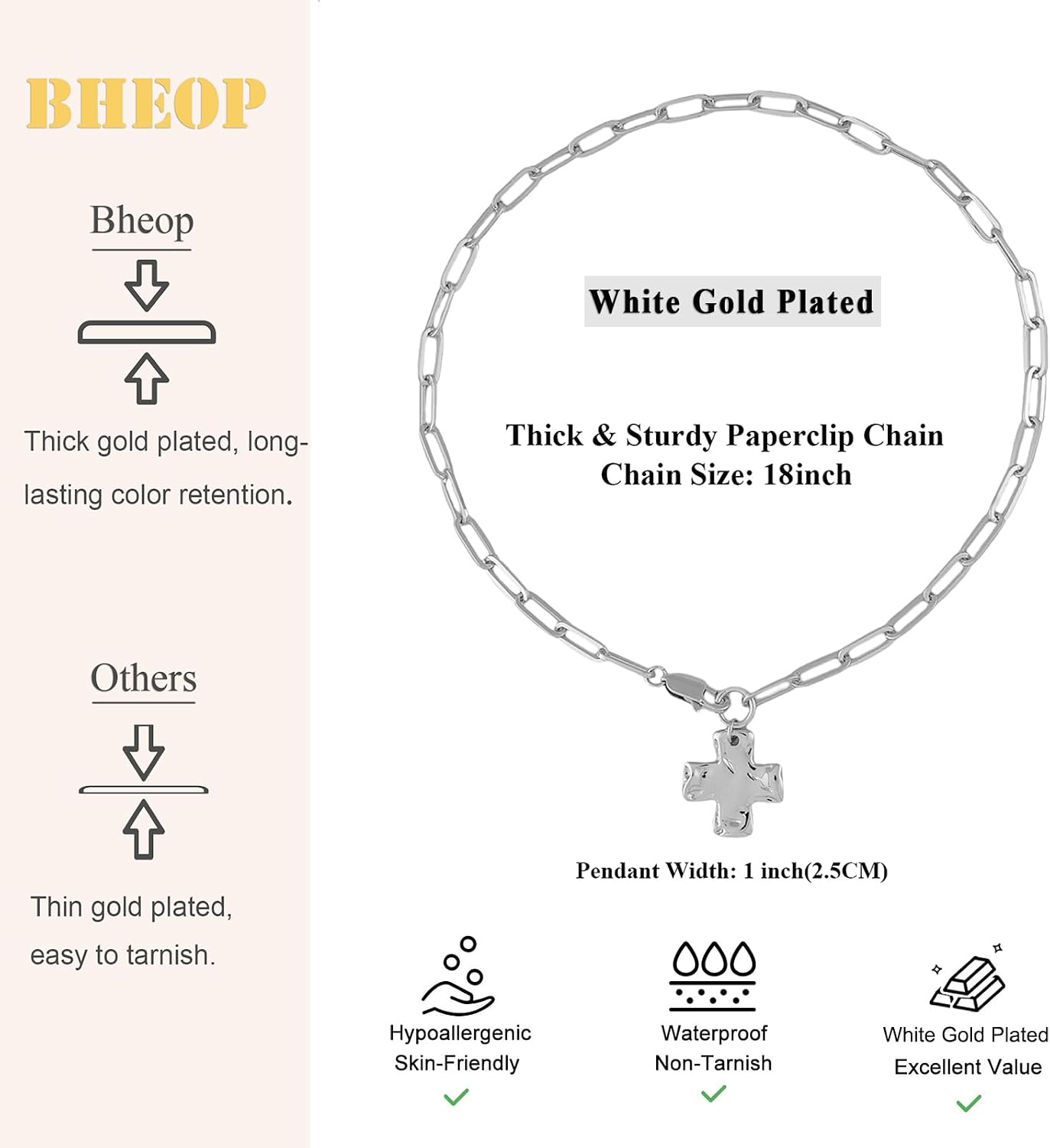 Bheop - Collar de cruz gruesa para mujer, oro de 14 quilates, plata...