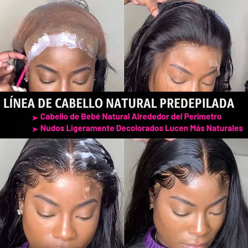 Peluca de pelo natural con malla frontal para mujer, línea capilar...