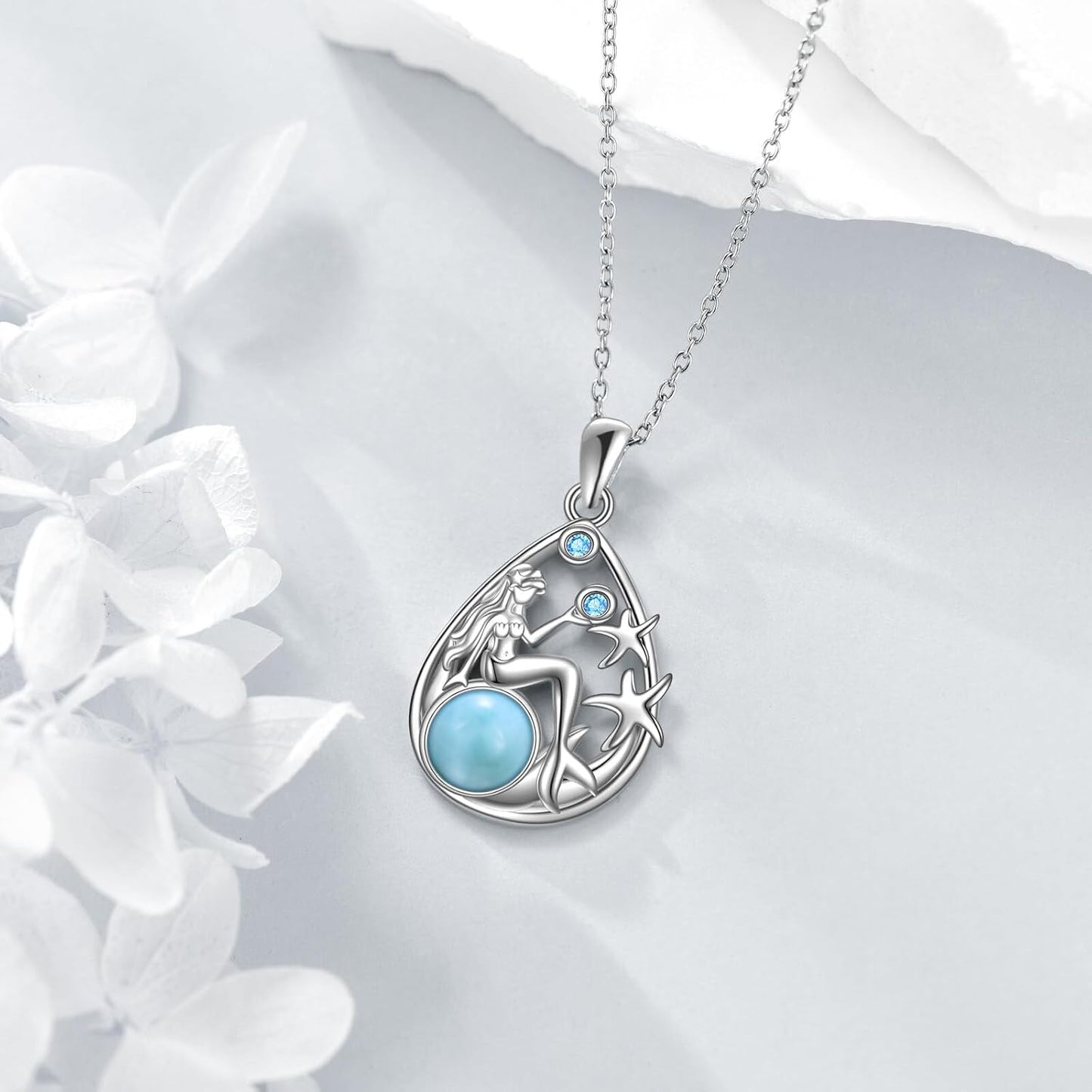 CRMAD Larimar - Collar de playa de plata de ley con diseño de lágri...