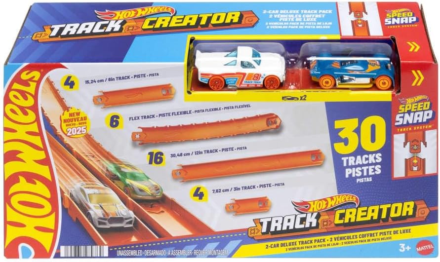 Hot Wheels Track Creator Deluxe Pack y 2 autos de juguete a escala...