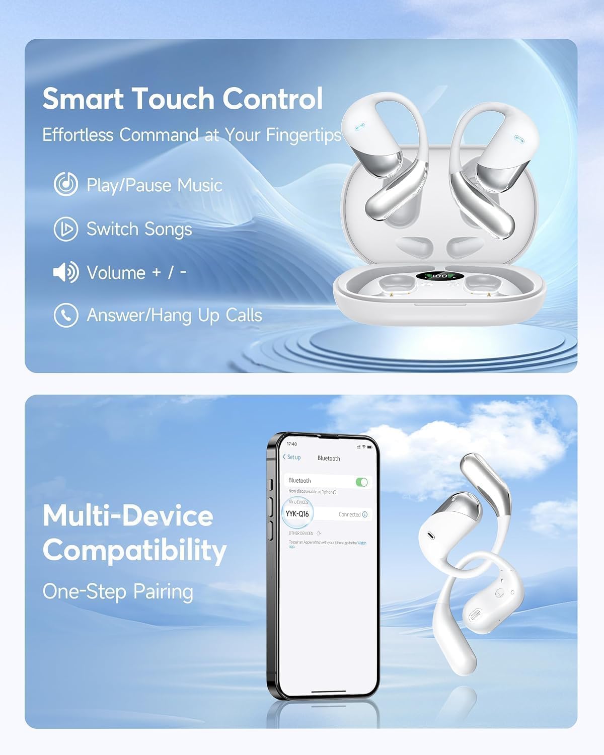 Auriculares inalámbricos de oreja abierta Bluetooth 5.8 Pearl Ivory...