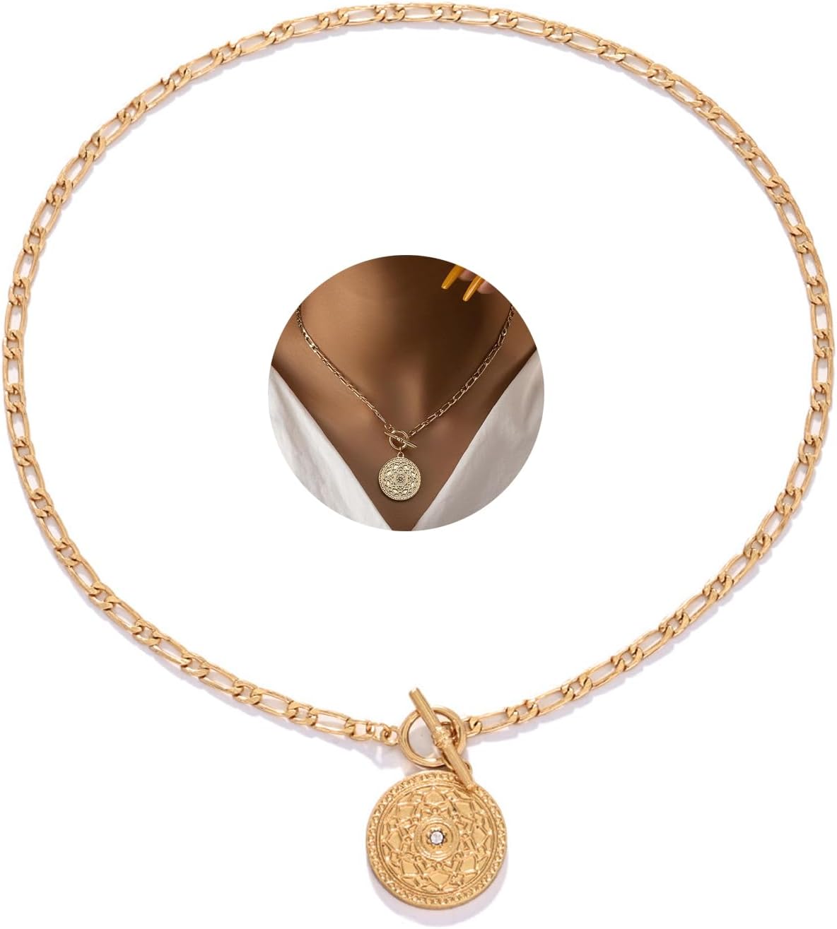 Rrdaily Collar con colgante de medallón grande de oro para mujer, e...