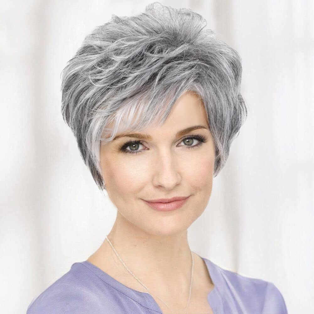 EMMOR Pelucas cortas de cabello humano gris para mujer, mezcla de c...
