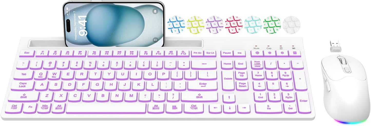 Combo de teclado y mouse inalámbricos, 7 efectos retroiluminados, l...