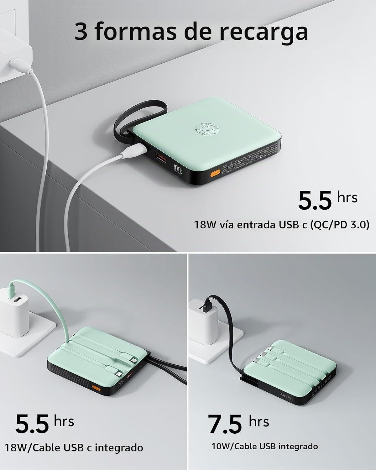 VRURC Banco de energía portátil con cables integrados, 20000mAh 22....