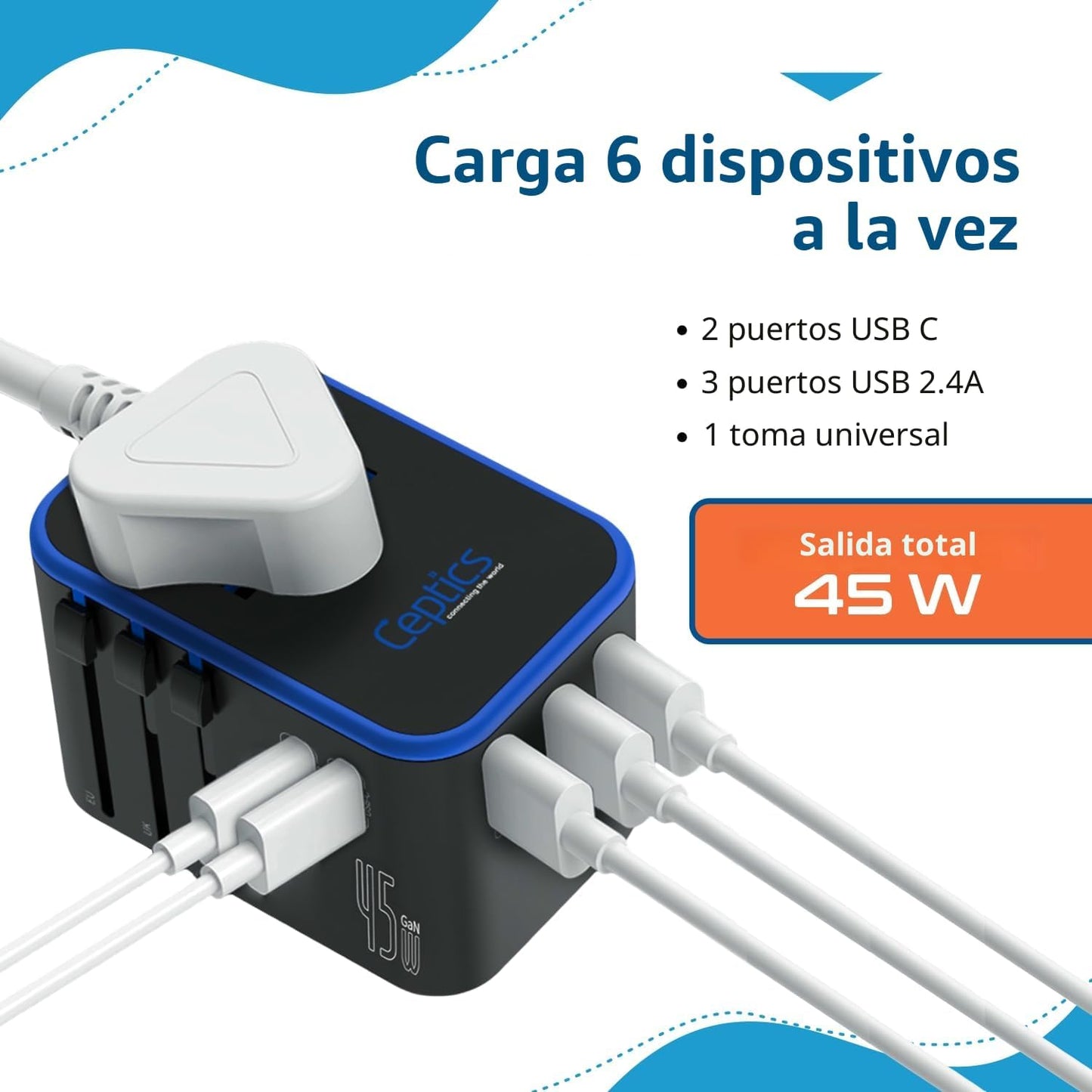 Ceptics Adaptador de viaje universal de 45 W, adaptador de viaje in...