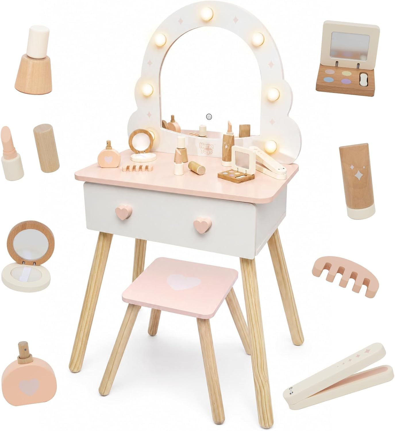 Nene Toys Juego de mesa y taburete para niños con espejo iluminado,...