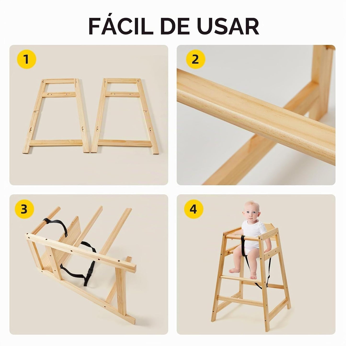 Neoflavie Silla alta de madera para bebés y niños pequeños, natural...