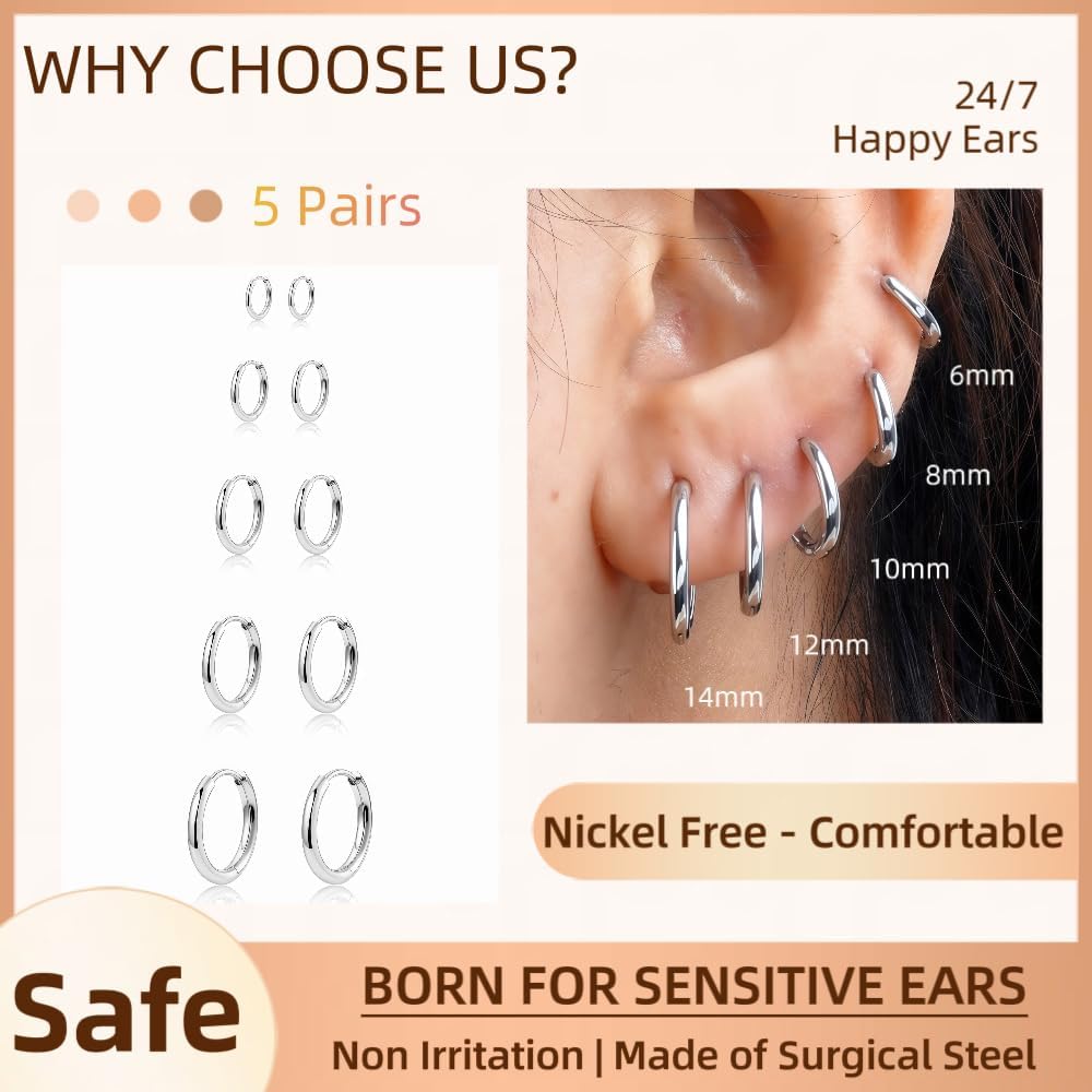 5 pares de pendientes de aro chapados en oro de 14 quilates para mu...