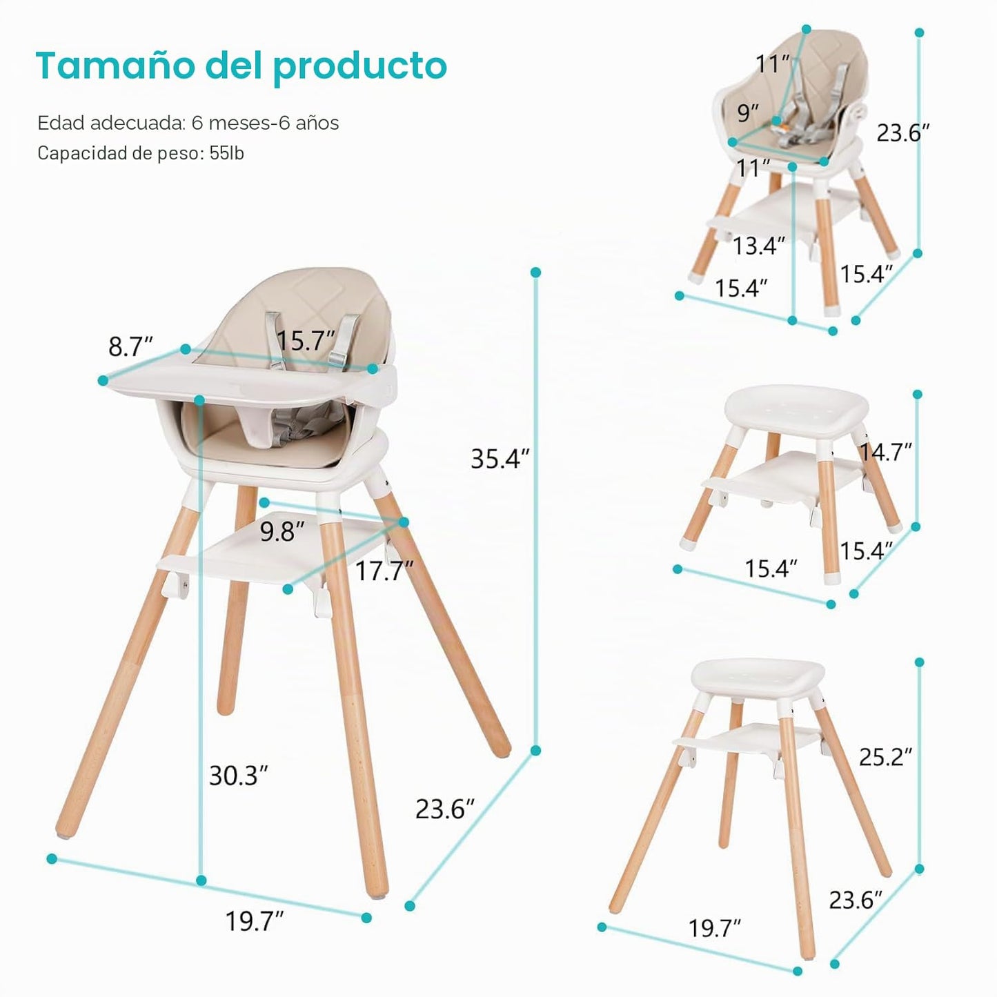 Komcot Silla Alta, Sillas Altas Convertibles de Madera 6 en 1 para...