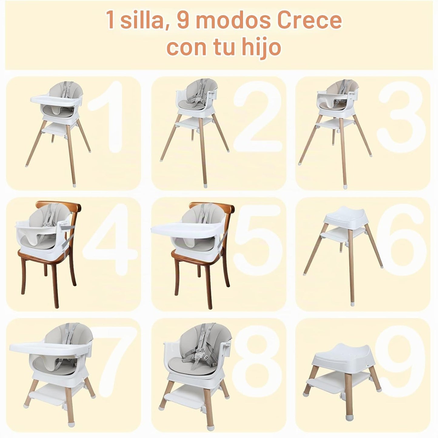 Silla alta convertible 9 en 1 con asiento elevador, trona de madera...