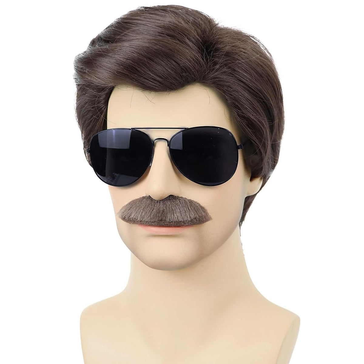Wallden Hair Peluca corta marrón para hombre, bigote, lentes de sol...