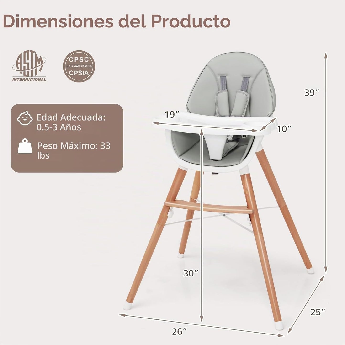 HONEY JOY Silla alta para bebé, trona de madera de haya para bebés...