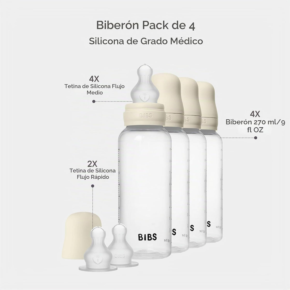 BIBS Biberón de plástico, 9.13 onzas, paquete de 4, pezón de silico...