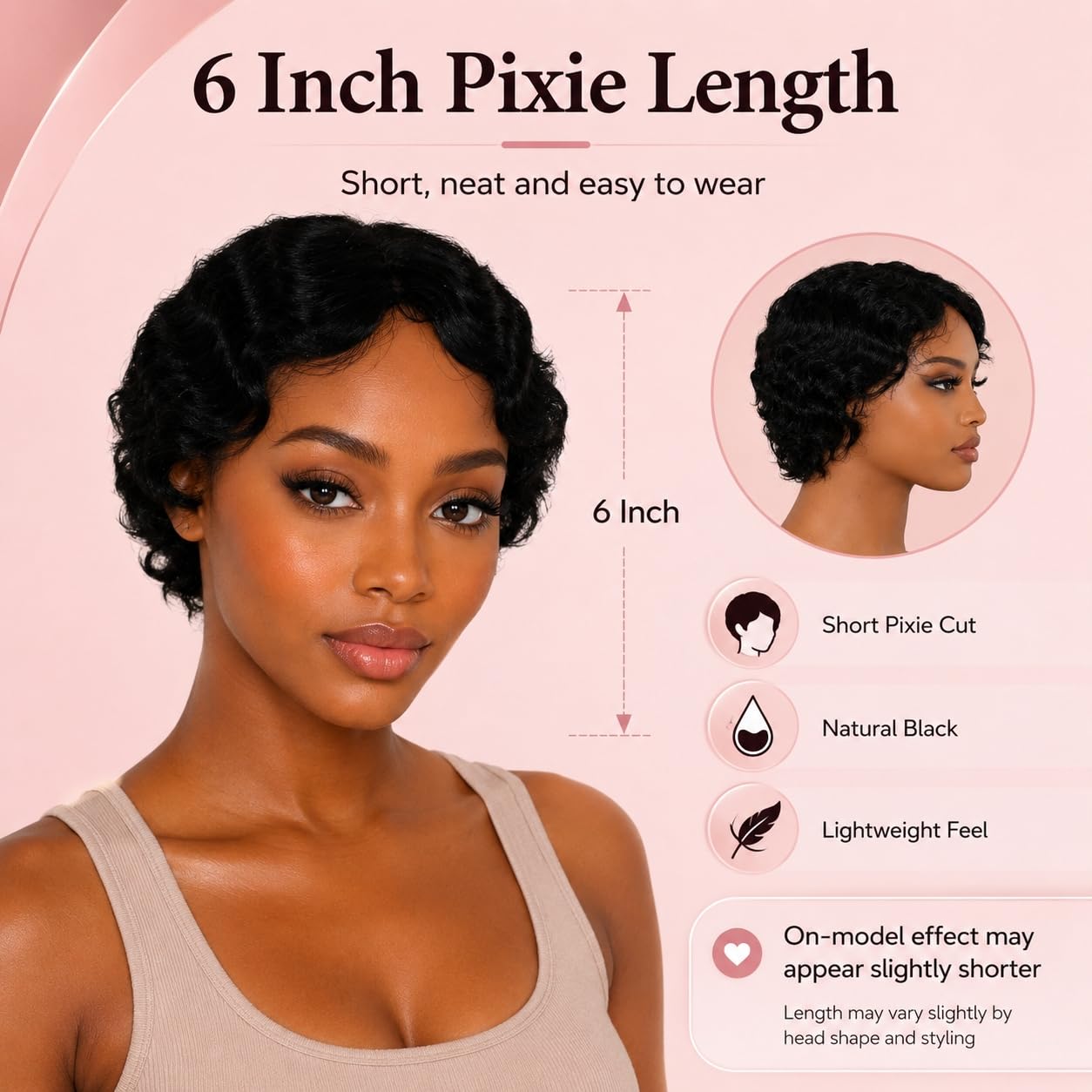 SilkSleek Peluca de cabello humano rizado de 6 pulgadas, negro natu...