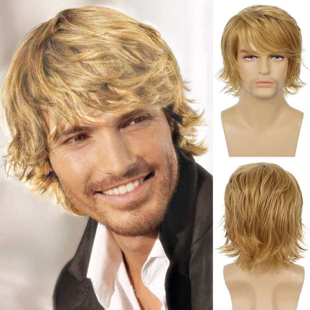 Wiwige - Peluca rubia corta para hombre con capas naturales y espon...