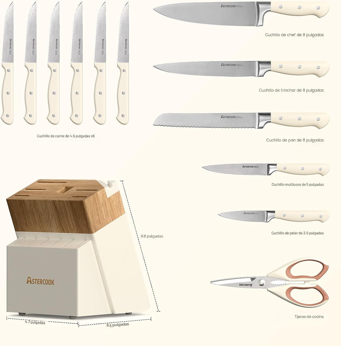 Astercook Juego de cuchillos de cocina con bloque, 14 piezas, cuchi...